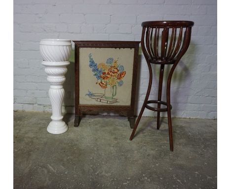 Stained Wood Jardiniere Stand, 91cm high, Also with a Firescreen and a Ceramic Jardiniere on Stand, (3)