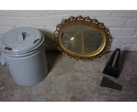 Box of Sundries, To include a Metronome, Bread Bin and Gilt Wall Mirror