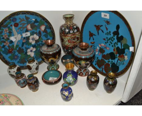 Japanese Cloisonne - a pair of circular wall plates;  a pair of vases, decorated with a scrolling dragon;  other vases, etc 