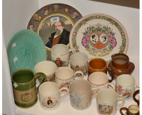 Commemorative - a Denby Elizabeth II mug;  a Victorian 60 years mug, printed in blue, inscribed Bakewell;  other Royal commem