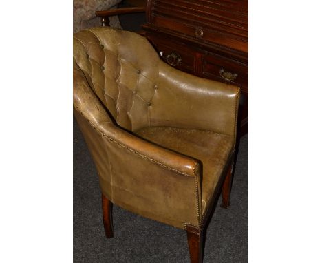 A 20th century button back leather office/side chair, carved Greek key band,  tapered supports