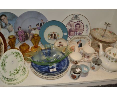 Ceramics - a part amber glass dressing table set;  a James Kent two-tier cake stand;  a Royal Albert Winsome teapot;  commemo