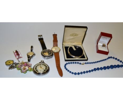 A hinged silver bangle Birmingham 1969; a silver cameo ring, a Timex watch; another;  etc 