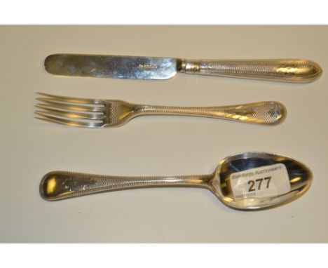 A Victorian silver three piece christening set comprising, four tine fork, spoon and knife, Henry Wilkinson Ltd, Sheffield 18