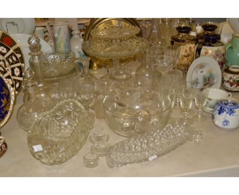 Glassware - clear glass sherry and port glasses;  moulded comports;  boat shaped flower trough;  etc 
