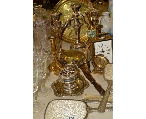 Metalware - a silver plated candelabrum, a pair of brass candlesticks, silver plated bud vase, dressing table set;  a Swiza 8