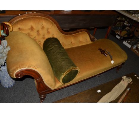 A Victorian mahogany chaise longue, button back , upholstered in gold , c.1860