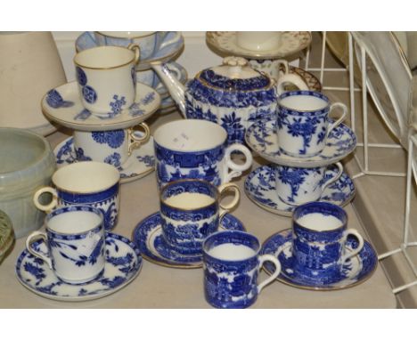 Blue and White Ceramics - Heathcote china coffee can and saucer, Minton china cup and saucer, Copeland china teapot;  Royal W