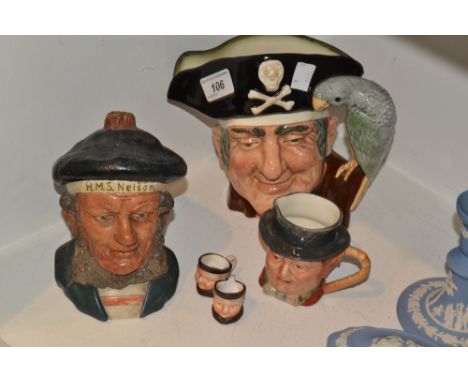 A Doulton Long John Silver character jug, D6335;  another, Beswick, Pickwick, 1119;  two miniature Goebel Monk character jugs