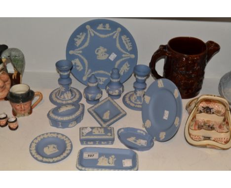Wedgwood blue Jasperware , candlesticks, trinket boxes, plates ; etc 