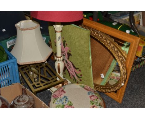 A Victorian style circular foot stool, tapestry top;  a stuffed rectangular tapestry; a   white and gilt painted side lamp;  