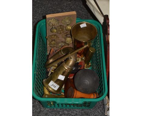 Boxes and  Objects - a Riley limited spirit level;  another, E Preston;  a bugle;  powder flask;   etc