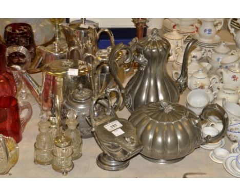 Plated Ware - an E.P.B.M. fluted coffee pot;  a similar sugar scuttle;  EP on copper candlestick;  teapots, milk jug;  etc 