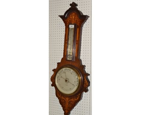 A Sheraton Revival mahogany and marquetry aneroid wheel barometer, 19cm silvered register inscribed W R Lisle, Exeter, mercur