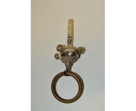 A silver rattle, with teething ring, Birmingham 1928, mother of pearl handle 