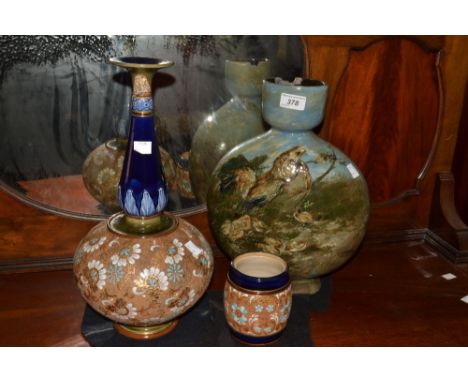 A Royal Doulton Chineware bottle vase , long bulbous neck;   a similar tobacco jar;  an English Art pottery moon flask, decor