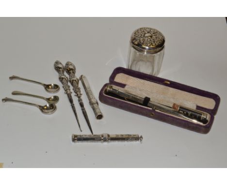 A silver mounted  dressing table jar;  silver hafted button hooks;  propelling pencil;  mustard spoon;pencil holders;   etc