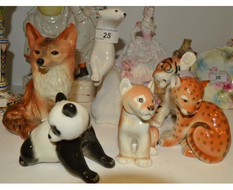 Russian Ceramics - a Russian ceramic model of a Winter Stoat, a Lion Cub, Leopard Cub;  etc (6)
