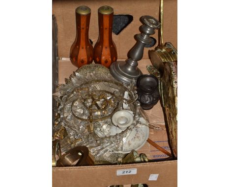 Metal Ware - a set of brass fire bellows;  a ceiling light, with clear glass lustres;  a pewter oval dish; a chestnut roaster