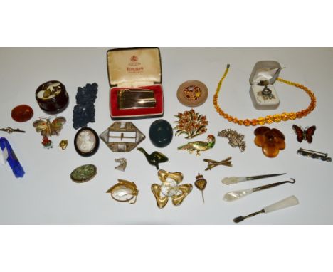 Costume Jewellery - a Cameo  brooch, butterfly brooch , others; a moonstone and pinchbeck buckle , box of gentleman's shirt s