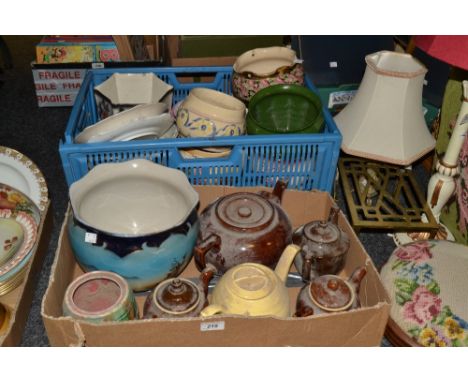 Ceramics - brown jardinieres;  large brown glazed teapot and cover;   other teapots;  etc