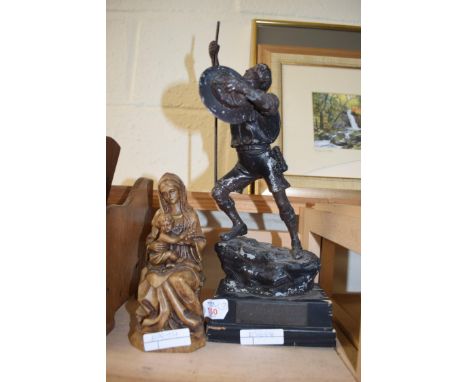 RESIN MODEL OF THE VIRGIN MARY TOGETHER WITH A SPELTER FIGURE OF A BOY SCOUT RAISED ON A WOODEN PLINTH BASE BEARING PRESENTAT