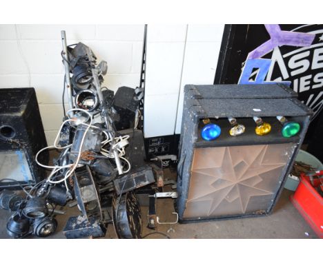 DJ/ENTERTAINMENT INTEREST - LARGE MIXED LOT OF LIGHTS, MOOD BAR FLOOR STANDING LIGHT, LARGE LASER QUEST SIGN, PLYWOOD CUT-OUT