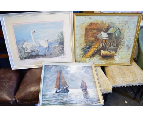 EDWIN STRAKER, LTD ED PRINT 'THE MUTE SWAN', SIGNED BY THE ARTIST AND BY DAVID BELLAMY, TOGETHER WITH A FURTHER OLEOGRAPH PRI