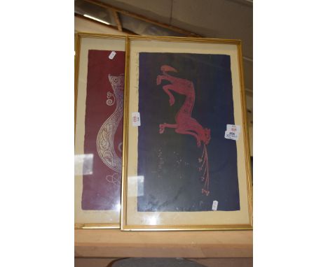 STEVEN DOYLE, TWO CELTIC HAND PRINT COLOURED PRINTS, A MOTIF AND THE LETTER 'L', F/G, LARGEST 53CM WIDE