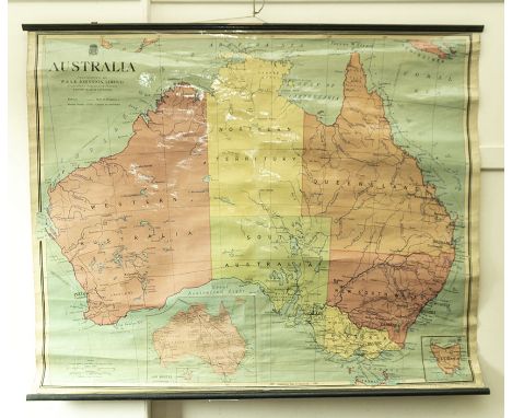 Large vintage hanging map of Australia by W+A K Johnson England