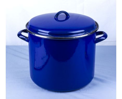 A blue enamel bread crock