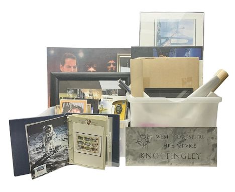 Large quantity of miscellaneous collectables to include metal sign engraved 'West Yorkshire Fire Service Knottingley', stamps