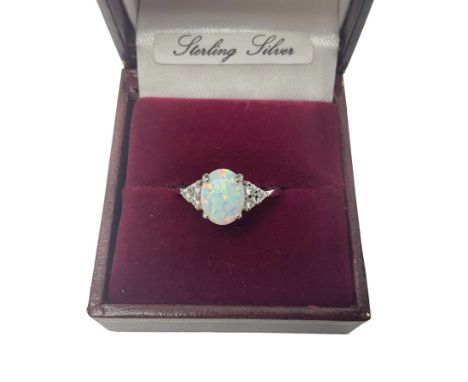 Silver opal and cubic zirconia cluster ring, stamped 925, boxed 