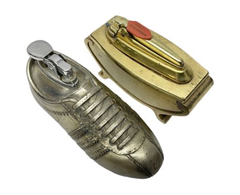 Ronson gilt metal table lighter, together with a silver-plate table lighter in the form of a football boot