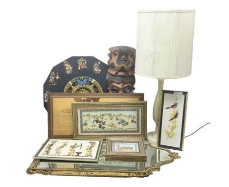 Onyx table lamp, with cream fabric shade, together with feather picture of birds, butterfly wing picture, carved wooden mask,