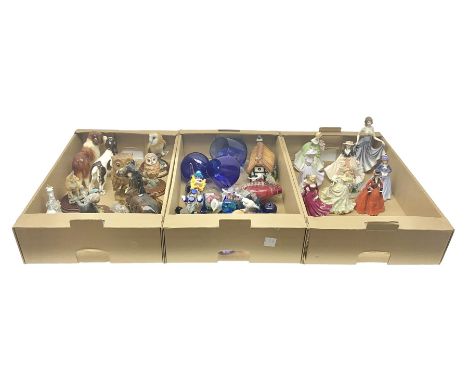 Five Royal Worcester figures including Emma and Felicity, together with similar figures, glass animals, paperweights, Murano 