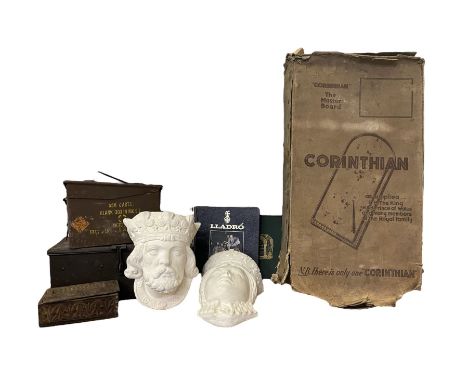 Corinthian bagatelle board, two composite planters modelled as masks of a king and queen, Lladro Magic of Porcelain book, Sto