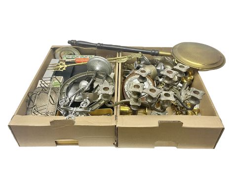 Chrome fireside companion set in the form of a horseshoe, together with other metal ware including pair of candelabra, candle