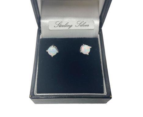 Pair of silver opal stud earrings, stamped 925, boxed 