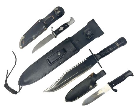 Post WWII scout knife, based on a Hitler Youth knife, in embossed leather sheath with scout emblem to handle, together with a