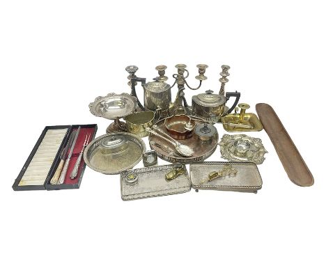 Collection of silver plate, to include pedestal dish, candle sticks, tea service etc  