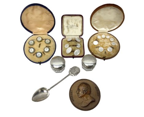 Three cased sets of dress buttons, studs or cufflinks, hallmarked silver teaspoon, pair of small glass jars with silver lids 