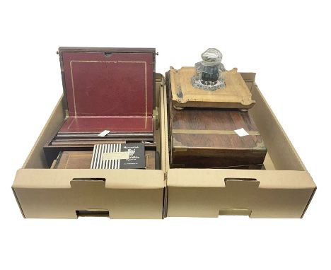 Hexagonal inkwell, in a wooden base, together with two writing slopens etc