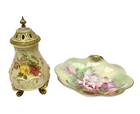 Royal Worcester blush ivory vase and cover, the vase of baluster form on gilt claw feet, shape No.1019, with printed beneath,