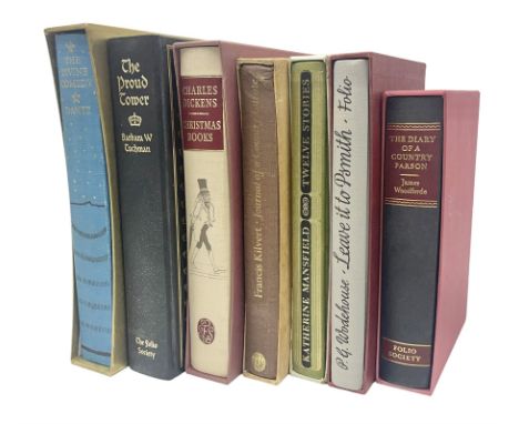 Seven Folio Society books, including The Divine Comedy, Charles Dickens Christmas Book, The Proud Tower, etc, all with outer 