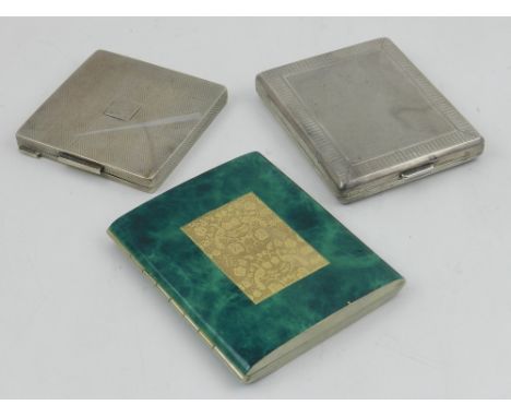 A silver compact, hallmarked, together with a white metal card case and another card case. (3)
