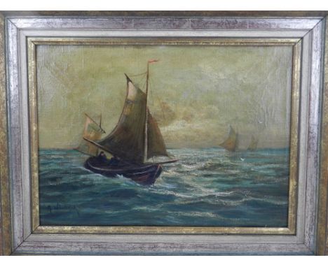 19th century German school, Boats at Sea, oil on canvas, signed 'R. Wirrbeck' lower left. H: 33cm W: 43cm