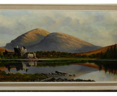 T. R. Sanderson, Ruined Highland Castle beside a Loch, oil on board, signed lower left, 45 x 77cm, together with another simi