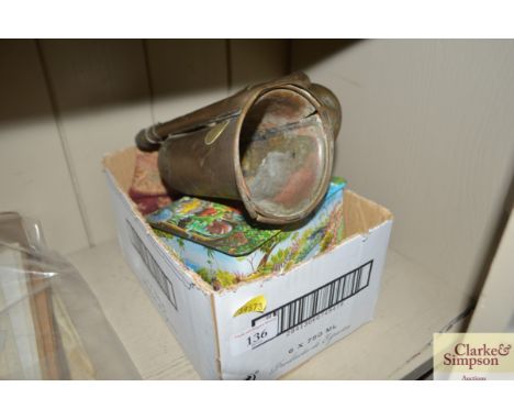 A box containing a copper bugle ; miniature Guinness advertising items; opera glasses; a BP badge etc.