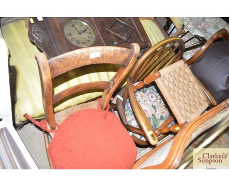 An elm seated chair together with an Ercol stick back chair; string topped stool with one other; together with a faux leather
